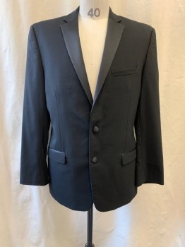 Mens, Sportcoat/Blazer, MOSS BROS, Black, Wool, Polyester, 40R, Tux Blazer, Notched Lapel, Satin Lapel, Single Breasted, Button Front, 2 Buttons, 3 Pockets