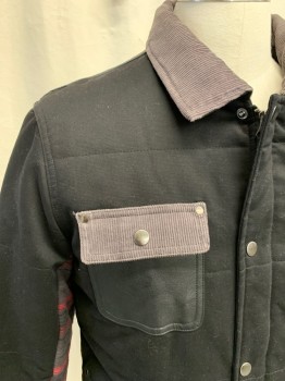Mens, Casual Jacket, N/L, Black, Gray, Red, Slate Gray, Cotton, Viscose, Color Blocking, M, Solid Black Front/Sleeves, Zip/Snap Front, Collar Attached, Slate Gray Corduroy Under Collar/Cuff/1 Flap Pocket, Black Leather Back Yoke (small Tear), Gray Herringbone Back, Red/Gray/Black Plaid Undersleeve
