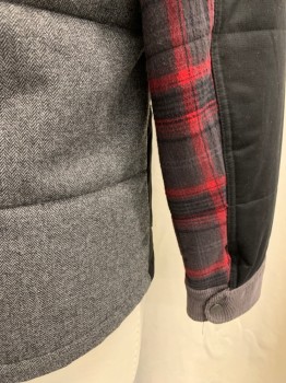 Mens, Casual Jacket, N/L, Black, Gray, Red, Slate Gray, Cotton, Viscose, Color Blocking, M, Solid Black Front/Sleeves, Zip/Snap Front, Collar Attached, Slate Gray Corduroy Under Collar/Cuff/1 Flap Pocket, Black Leather Back Yoke (small Tear), Gray Herringbone Back, Red/Gray/Black Plaid Undersleeve