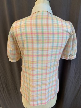 Womens, Nurse, Top/Smock, BARCO, White, Tan Brown, Pink, Green, Blue, Polyester, Cotton, Plaid, XS, Solid White Collar Attached, Yoke Front with Self Ruffle, Button Front, 2 Pockets Bottom, Small Puffy Sleeves with 1" Cuffs, NO BELT