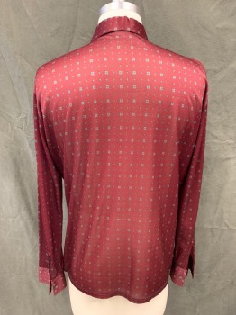 P. SPITZE, Maroon Red, Gray, Tan Brown, Polyester, Medallion Pattern, Maroon with Gray/Tan Medallions, Button Front, Collar Attached, Long Sleeves, Button Cuff,