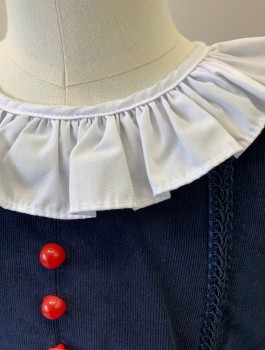 SHRIMP & GRITS KIDS, Navy Blue, White, Cotton, Solid, Corduroy, Solid White Ruffled Round Collar and Cuffs, 3 Red Decorative Buttons at Front, Long Sleeves, Button Closures in Back