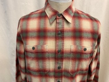 RAPLH LAUREN , Red, Olive Green, Cream, Orange, Cotton, Plaid, Collar Attached, Button Front, Long Sleeves, 2 Patch Button Pockets