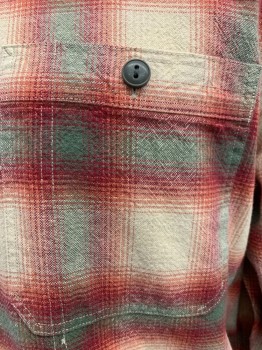 RAPLH LAUREN , Red, Olive Green, Cream, Orange, Cotton, Plaid, Collar Attached, Button Front, Long Sleeves, 2 Patch Button Pockets