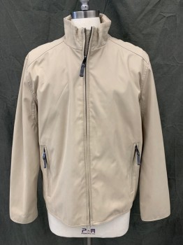 Mens, Casual Jacket, MARC NEW YOK, Lt Khaki Brn, Nylon, Polyester, Solid, L, Zip Front, 2 Zip Pockets, Stand Collar Line Quilted, Long Sleeves, Mesh Lining