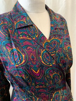 Womens, Blouse, NL, Teal Blue, Magenta Purple, Goldenrod Yellow, Black, Purple, Silk, Paisley/Swirls, Abstract , W:32, B:42 , Collar Attached, Button Front, Double Breasted, Single Breasted, 2 Buttons,  1 Hook & Eye Closure, Long Sleeves