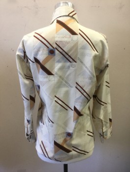 N/L, Cream, Brown, Tan Brown, Slate Blue, Espresso Brown, Polyester, Geometric, Crepe De Chine, Long Sleeve Button Front, Collar Attached,