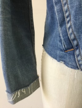 L'AGENCE, Denim Blue, Poly/Cotton, Spandex, Solid, Medium Wash Stretch Denim, Cropped Sleeves, Button Front, Collar Attached, 4 Pockets, Raw Edge at Hem