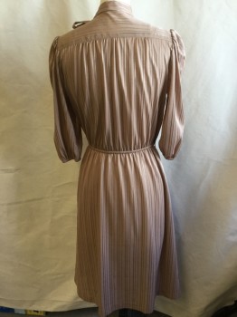 FOX 71, Dusty Brown, Copper Metallic, Polyester, Stripes - Vertical , Mandarin Collar with Self Attached Short Neck Tie & 3 Clear Light Brown Buttons at Shoulder, 3/4 Sleeves with Thin Elastic Cuffs, Elastic Thin Waist, NO BELT
