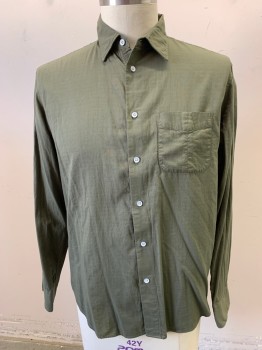 RAG & BONE, Dk Olive Grn, Cotton, Solid, Button Front, Collar Attached, 1 Pocket, Long Sleeves, Button Cuff