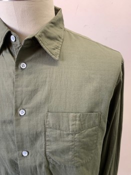 RAG & BONE, Dk Olive Grn, Cotton, Solid, Button Front, Collar Attached, 1 Pocket, Long Sleeves, Button Cuff