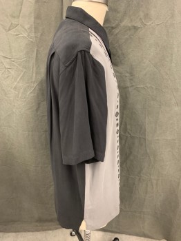 NAT NAST, Black, Gray, Gray, Silk, Color Blocking, Stripes - Vertical , Button Front, Collar Attached, Short Sleeves, 1 Pocket, Washed Silk, Embroidery on Stripes Down Right Front,  Contrast Placket/neck Facing, Boxy Vacation Swingers Look, 1990's Retro,