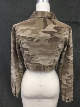 Womens, Casual Jacket, CATO, Brown, Tan Brown, Lt Brown, Cotton, Spandex, Camouflage, M, Corduroy Camouflage, Button Front, Collar Attached, Crop, Long Sleeves, Button Cuff, 2 Flap Pockets, Yoke, Button Tabs Back Waistband