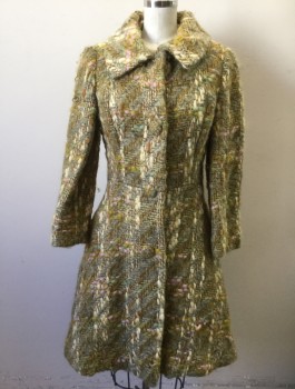 Womens, Coat, LILLI-ANN, Ochre Brown-Yellow, Cream, Lt Pink, Mint Green, Mohair, Wool, Speckled, Basket Weave, XS, B:34, Textured Chunky Weave with Various Muted Pastel Colors, 4 Self Fabric Covered Oversize Buttons, Collar Attached, Flared A-Line Shape, Peach Solid Lining,