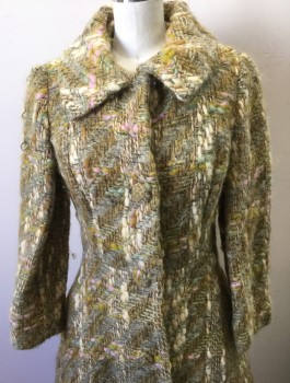 LILLI-ANN, Ochre Brown-Yellow, Cream, Lt Pink, Mint Green, Mohair, Wool, Speckled, Basket Weave, Textured Chunky Weave with Various Muted Pastel Colors, 4 Self Fabric Covered Oversize Buttons, Collar Attached, Flared A-Line Shape, Peach Solid Lining,