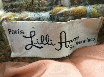 LILLI-ANN, Ochre Brown-Yellow, Cream, Lt Pink, Mint Green, Mohair, Wool, Speckled, Basket Weave, Textured Chunky Weave with Various Muted Pastel Colors, 4 Self Fabric Covered Oversize Buttons, Collar Attached, Flared A-Line Shape, Peach Solid Lining,
