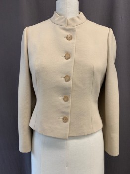 GARY KEEHN, Khaki Brown, Wool, Solid, Button Front, Stand Collar, Long Sleeves, Slightly Cropped, Jacket