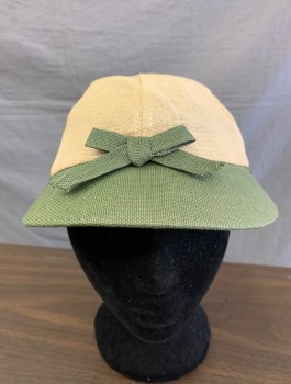 Womens, Hat, N/L, Ecru, Sage Green, Linen, 7 1/4, Sporty Cap, Ecru Crown with Sage Brim and Self Button Accent at Top of Head, Self Bow at Center Front, Fashionable Take on a Jockey or Baseball Cap, 1930's
