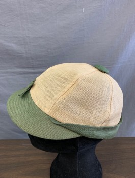 Womens, Hat, N/L, Ecru, Sage Green, Linen, 7 1/4, Sporty Cap, Ecru Crown with Sage Brim and Self Button Accent at Top of Head, Self Bow at Center Front, Fashionable Take on a Jockey or Baseball Cap, 1930's