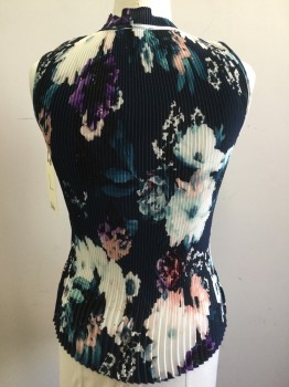 Womens, Top, DKNY, Navy Blue, White, Pink, Sea Foam Green, Purple, Polyester, Floral, L, Knife Pleated, Sleeveless, V-neck, Stand Collar, Self Tie Neck