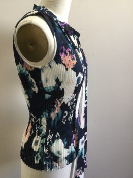 Womens, Top, DKNY, Navy Blue, White, Pink, Sea Foam Green, Purple, Polyester, Floral, L, Knife Pleated, Sleeveless, V-neck, Stand Collar, Self Tie Neck