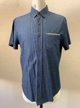 ADAM LEVINE, Denim Blue, Cotton, Solid, S/S, Button Front, Collar Attached, Chest Pocket