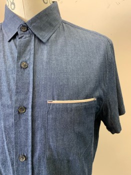 Mens, Casual Shirt, ADAM LEVINE, Denim Blue, Cotton, Solid, M, S/S, Button Front, Collar Attached, Chest Pocket