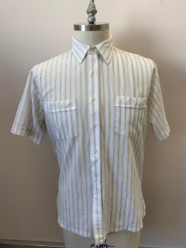 Mens, Shirt, MAIN STREAM, White, Khaki Brown, Polyester, Nylon, Stripes - Vertical , N:16, L, C.A., B.F., S/S, 2 Chest Pckts