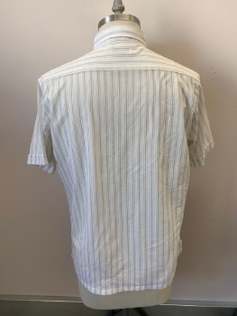 Mens, Shirt, MAIN STREAM, White, Khaki Brown, Polyester, Nylon, Stripes - Vertical , N:16, L, C.A., B.F., S/S, 2 Chest Pckts