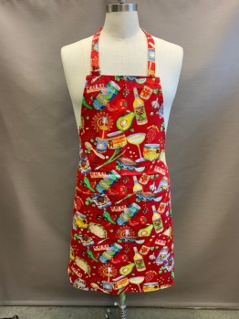 KAY DEE DESIGNS, Red, Green, Blue, Yellow, Multi-color, Cotton, Novelty Pattern, Images of Tequila, Avocado, Assorted Salsas, Margaritas Etc., 2 Pockets,
