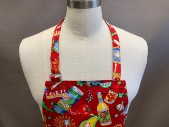 KAY DEE DESIGNS, Red, Green, Blue, Yellow, Multi-color, Cotton, Novelty Pattern, Images of Tequila, Avocado, Assorted Salsas, Margaritas Etc., 2 Pockets,