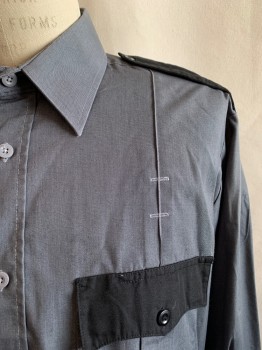 Mens, Fire/Police Shirt, LAW PRO, Dk Gray, Black, Poly/Cotton, Color Blocking, 33, 15.5, Collar Attached, Button Front, Long Sleeves, 2 Pockets with Black Flaps, Black Epaulettes, Black Cuffs with 3  Buttons