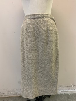 Womens, 1960s Vintage, Suit, Skirt, RICHARD KOLMER, Beige, Sage Green, Wool, Tweed, W: 28, Side Zip, Hem at Ankle, Inverted Pleat at Back Hem
