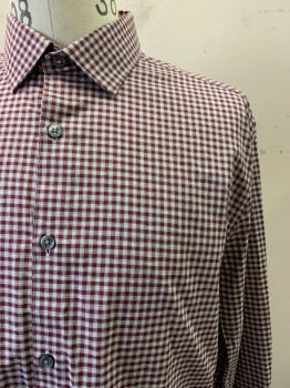 Mens, Casual Shirt, Penguin, Red Burgundy, Lt Gray, White, Cotton, Gingham, S, L/S, Button Front, Collar Attached
