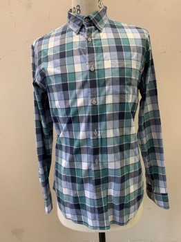 Mens, Casual Shirt, BANANA REPUBLIC, Teal Green, Sage Green, Navy Blue, Gray, White, Cotton, Plaid, M, Collar Attached, Button Down Collar, Button Front, Long Sleeves