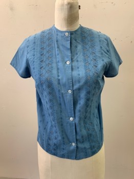 Womens, Blouse, NL, French Blue, Cotton, B; 36, Round Neck,  Button Front, Cap Sleeves, Eye Let, Hole on Shoulder Seams