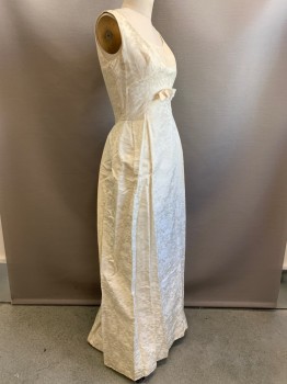 Womens, Evening Gown, W. Steinman, Ivory White, Polyester, Floral, W26, B36, H36, Sleeveless, Scoop Neck, Front Bow with Beaded Gems, Pleated, Back Zipper,