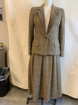 BILL BLASS, Camel Brown, Dk Brown, Taupe, Wool, Plaid, Single Breasted, 1 Button, 3 Pockets, 1/2 Velveteen Notched Lapel,