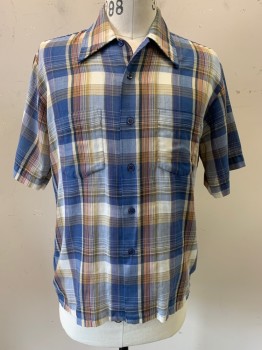 J.C.PENNY, Blue, White, Tan Brown, Red, Yellow, Poly/Cotton, Plaid, S/S,2 Pocket, blue Pearl Buttons