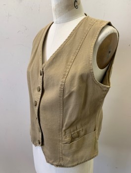 Womens, Vest, THE TERRITORY AHEAD, Khaki Brown, Cotton, Solid, Sz.6, Waffle Texture, 6 Gold Buttons, V-Neck, 3 Pockets, Fitted, Belted Detail At Back Waist