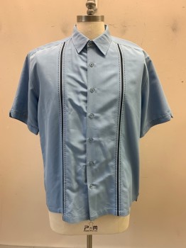 Mens, Casual Shirt, CUBAVERA, Lt Blue, Black, Rayon, Polyester, Solid, Stripes, L, C.A., Button Front, S/S,