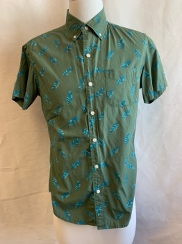 Mens, Casual Shirt, BONOBOS, Dk Olive Grn, Teal Green, Turquoise Blue, Cotton, Leaves/Vines , S, Button Down Collar, Short Sleeves, Button Front, 1 Pocket, Turquoise and Teal Green Leaves Pattern