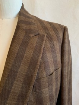 GORDON'S, Brown, Lt Brown, Dk Brown, Wool, Check , Double Breasted, 4 Buttons, Peaked Lapel, 3 Pockets, 4 Button Cuffs, 1989