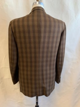 GORDON'S, Brown, Lt Brown, Dk Brown, Wool, Check , Double Breasted, 4 Buttons, Peaked Lapel, 3 Pockets, 4 Button Cuffs, 1989