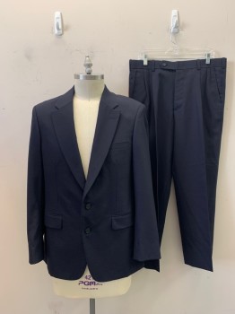 N/L, Navy Blue, Wool, Solid, Single Breasted, 2 Buttons, Notched Lapel, 3 Pockets, 3 Button Cuffs, 1 Back Vent
