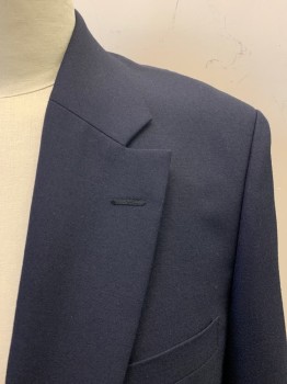 N/L, Navy Blue, Wool, Solid, Single Breasted, 2 Buttons, Notched Lapel, 3 Pockets, 3 Button Cuffs, 1 Back Vent