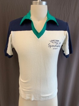 N/L, Off White, Navy Blue, Green, Cotton, Polyester, Color Blocking, Body Is Brushed Cotton Knit, With Print Of Cars & "Speedway Staff", S/S, Multiples,