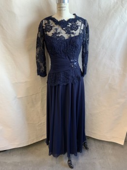 Womens, Evening Gown, TERI JON , Navy Blue, Polyester, Rayon, 4, Illusion Neckline, Lace on Upper Bodice, Attached Pleated Sash with Navy Rhinestone Cluster on Left Front, Peplum Waist, 3/4 Sleeve, Zip Back