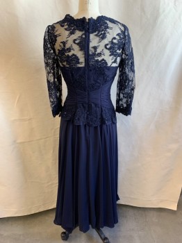 Womens, Evening Gown, TERI JON , Navy Blue, Polyester, Rayon, 4, Illusion Neckline, Lace on Upper Bodice, Attached Pleated Sash with Navy Rhinestone Cluster on Left Front, Peplum Waist, 3/4 Sleeve, Zip Back