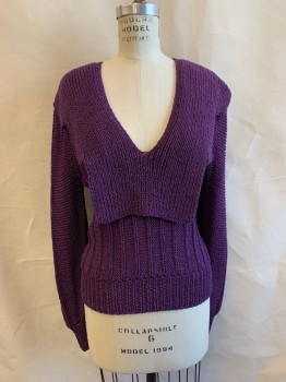 Womens, Sweater, ROBERTA & BRENDA, Aubergine Purple, Acrylic, Solid, S, Deep V-N, Large Flap at Front,